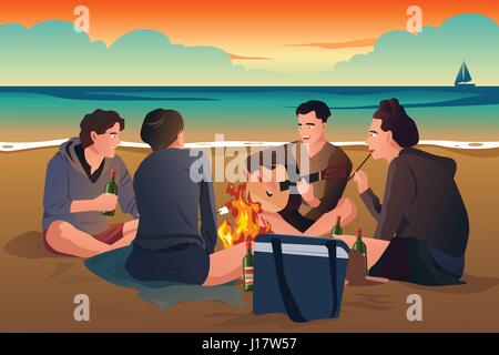 Una illustrazione vettoriale di felice giovani avendo divertimento sulla spiaggia Illustrazione Vettoriale