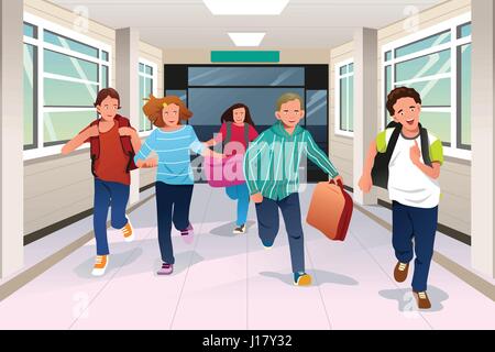 Una illustrazione vettoriale di felice studente in esecuzione nel corridoio della scuola insieme Illustrazione Vettoriale