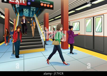 Una illustrazione di vettore di viaggiatori alla stazione della metropolitana Illustrazione Vettoriale