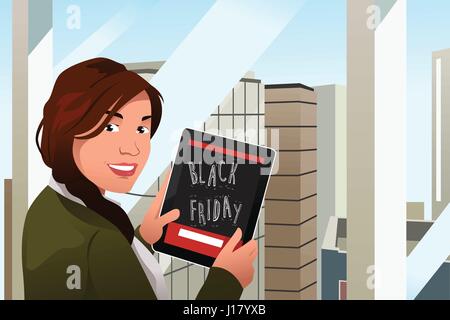 Una illustrazione vettoriale di una bella donna che guarda ai Tablet PC per il Black Friday Shopping Illustrazione Vettoriale