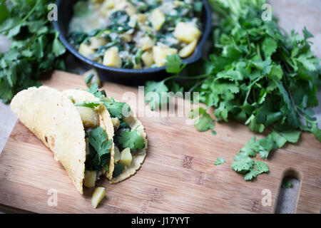 Due vegan soft tacos con ripieno di patate e spinaci e guarnita con il coriandolo. Foto Stock