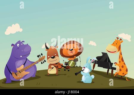 Una illustrazione vettoriale di animali la riproduzione di strumento musicale in una band Illustrazione Vettoriale