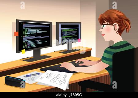 Una illustrazione vettoriale di programmatore femmina codifica su un computer Illustrazione Vettoriale
