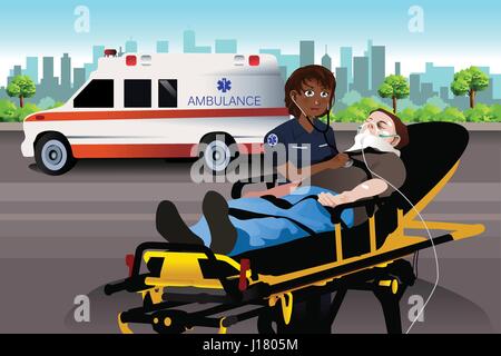 Una illustrazione vettoriale di femmine paramedico esame di un paziente Illustrazione Vettoriale