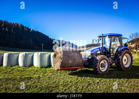 Trasporto del trattore della balla di fieno rotoli - impilamento sul palo. Macchina agricola raccolta di balle di fieno su un campo in Slovenia. Foto Stock