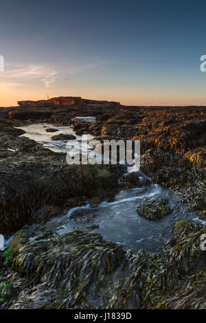 Hilbre Island, Inghilterra con rock pool in primo piano Foto Stock