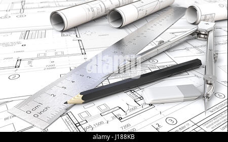 Casa architettonico di disegni e progetti. Rotoli, Righello matita, Eraser e divisore di metallo. Profondità di campo, 3D render. Foto Stock