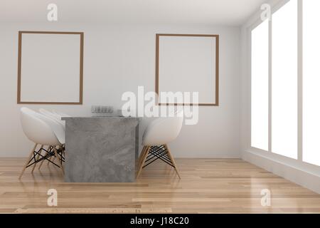 La sala da pranzo in bianco e in legno delle camere di design in 3D rendering Foto Stock