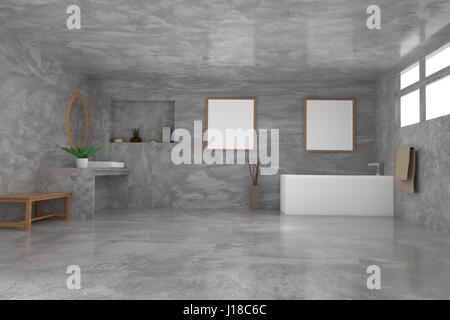 Bagno con mock up cornice foto e decorazione in camera di calcestruzzo in 3D rendering Foto Stock