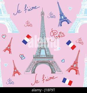 Vettore di Seamless pattern con disegno a mano bianco rosso, grigio e blu torre Eiffel, iscrizioni su sfondo rosa Illustrazione Vettoriale