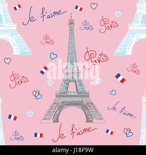 Vettore di Seamless pattern con disegno a mano di colore bianco e grigio torre Eiffel, iscrizioni su sfondo blu Illustrazione Vettoriale