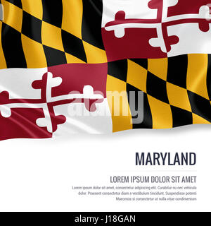 Bandiera di stato degli Stati Uniti Maryland sventolando isolato su un fondo bianco. Il nome dello stato e l'area di testo per il messaggio. Foto Stock