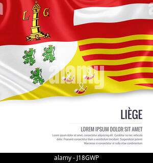Bandiera di Stato belga Liege sventolando isolato su un fondo bianco. Il nome dello stato e l'area di testo per il messaggio. Foto Stock