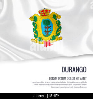 Bandiera di stato messicano Durango sventolando isolato su un fondo bianco. Il nome dello stato e l'area di testo per il messaggio. Foto Stock