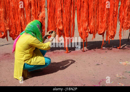 Donna prendendo foto tinti di fili di seta, Jodhpur, Rajasthan, India, Asia Foto Stock