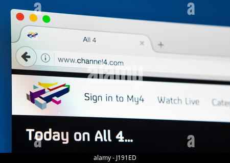 LONDON, Regno Unito - 13 APRILE 2017: la homepage del canale ufficiale 4 sito, il 13 aprile 2017. Foto Stock