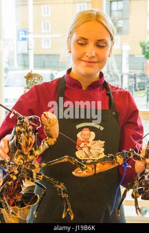 Un assistente può contenere 2 astice in Ravnkloa mercato del pesce, Trondheim, Norvegia. Foto Stock