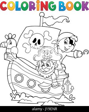 Libro da colorare barca pirata tema 1 - eps10 illustrazione vettoriale. Illustrazione Vettoriale