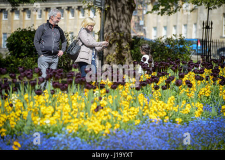 La gente a prendere le fotografie di fronte tulipani e piante di biancheria da letto al Victoria Park, bagno. Foto Stock