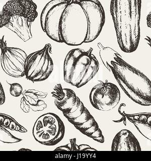 Ortaggi - bianco e nero disegnato a mano modello senza giunture Illustrazione Vettoriale