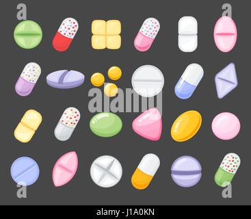 Medicina pillola cartoon, farmaco, tabella, antibiotici, dose di medicinale cartoon flat icone di stile. Illustrazione Vettoriale