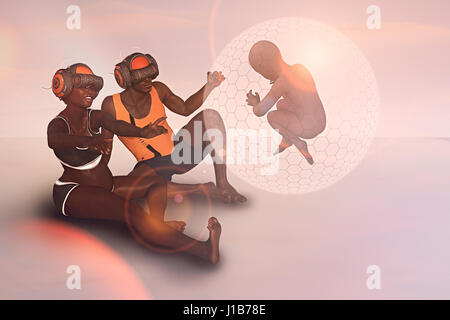 Giovane che indossa la realtà virtuale caschi guardando floating baby Foto Stock