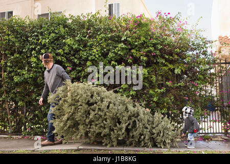 Padre e figlio che porta pino Foto Stock