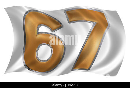 Nel vento sventolio della bandiera con il numero di riferimento 67, sessanta sette, isolato su sfondo bianco, 3D render Foto Stock