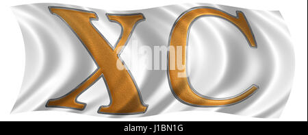 Nel vento sventolio della bandiera con numero romano XC, nonaginta, 90, novanta, isolato su sfondo bianco, 3D render Foto Stock