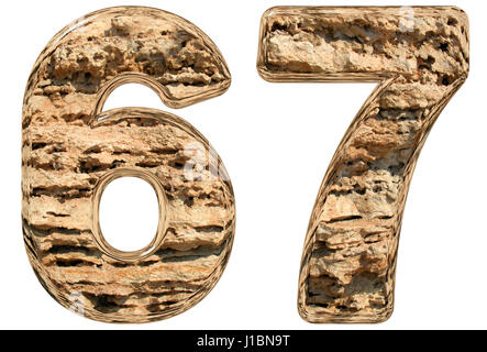 Il numero di riferimento 67, sessanta sette, isolato su bianco e pietra calcarea naturale 3d illustrazione Foto Stock