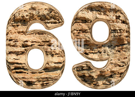 Il numero di riferimento 69, sessanta nove, isolato su bianco e pietra calcarea naturale 3d illustrazione Foto Stock