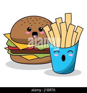 Kawaii burger patatine fritte immagine Illustrazione Vettoriale