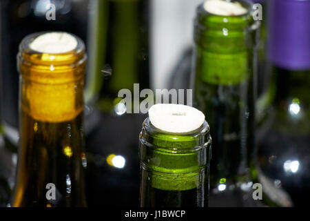 Utilizzate le bottiglie di vino con tappi di sughero riempito di vino fatto in casa per la casa di produzione di vino Foto Stock