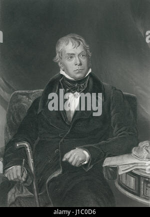 Sir Walter Scott (1771-1832), storico scozzese romanziere, drammaturgo e poeta, Ritratto, incisione da dipinto originale di Sir Thomas Lawrence, 1870 Foto Stock