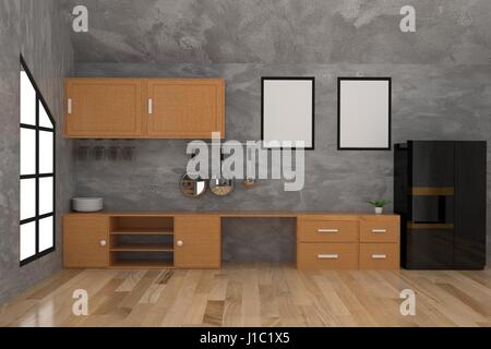 Cucina contemporanea nel calcestruzzo room interior design in 3D rendering Foto Stock
