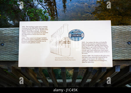 Dichiarazioni interpretative segno, grotta e Basin National Historic Site, il Parco Nazionale di Banff, Alberta, Canada Foto Stock