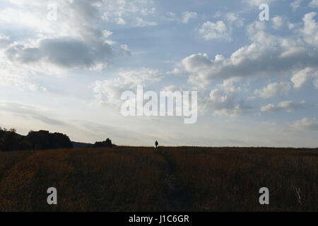 Distante uomo caucasico in campo sotto le nuvole Foto Stock