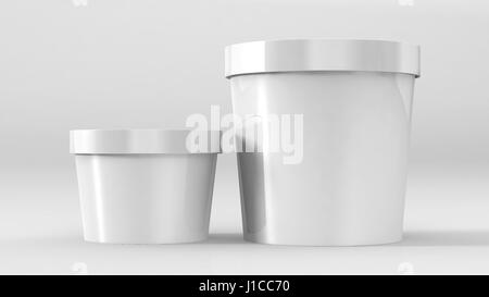 Bianco in plastica alimentare vasca contenitore per dessert, yogurt, gelato, panna acida o uno spuntino. Pronto per il tuo design Foto Stock