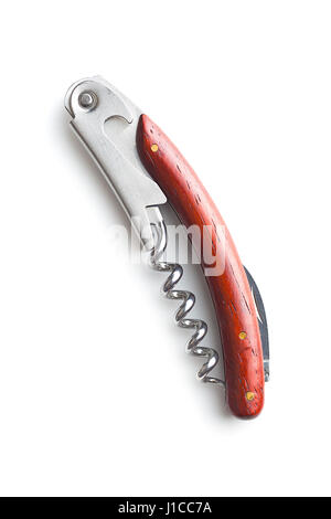 Il cavatappi in legno isolato su sfondo bianco. Foto Stock