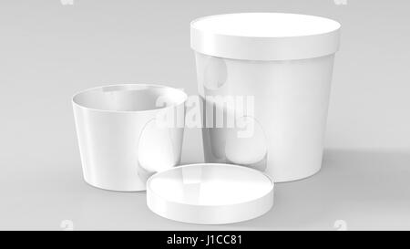 Bianco in plastica alimentare vasca contenitore per dessert, yogurt, gelato, panna acida o uno spuntino. Pronto per il tuo design Foto Stock