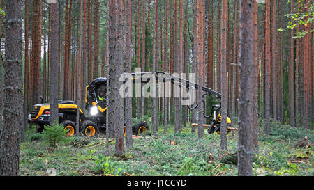 JAMSA, Finlandia - 1 Settembre 2016: Operatore di raccolti giovane foresta con Ponsse Harvester Scorpion re in una dimostrazione di lavoro sulle macchine pesanti Foto Stock