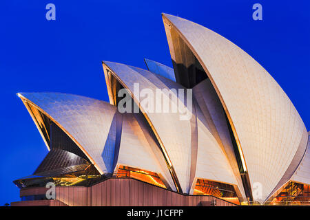 Sydney, Australia 15 Novembre 2016: - close-up frammento della Sydney Opera House con illuminazione calda al tramonto contro il cielo blu. Mondo iconico e Aust Foto Stock