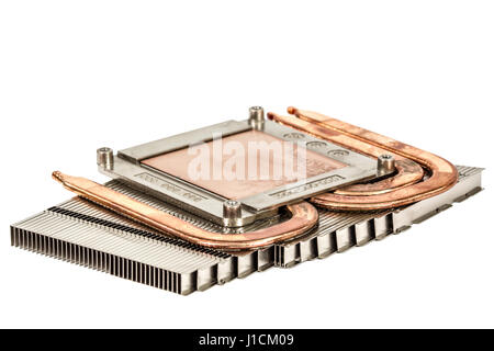 Heatpipe e dei radiatori per il raffreddamento del processore, sistema di raffreddamento, isolato su sfondo bianco Foto Stock