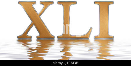 Numero romano XLI, unus et quadraginta, 41, Forty One, riflessa sulla superficie dell'acqua, isolato su bianco, 3D render Foto Stock