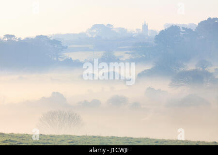 Nebbia nella valle Poldice in Cornovaglia Foto Stock