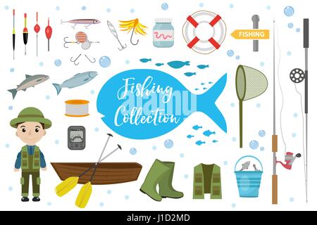 La pesca icona impostare, piatta, stile cartoon. Raccolta della pesca gli oggetti, gli elementi di design, isolato su sfondo bianco. Fisherman s strumenti con una canna da pesca, affrontare, esche, barca. Illustrazione Vettoriale, clipart Illustrazione Vettoriale