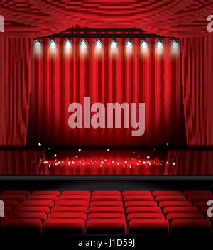 Red sipario di un palcoscenico con faretti, sedi e copia dello spazio. Illustrazione Vettoriale. Teatro, Opera o il Cinema scena. Luce su un pavimento. Illustrazione Vettoriale