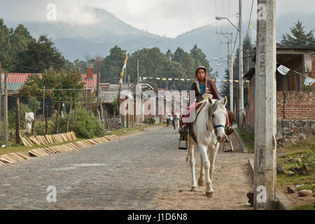 Cavaliere su un cavallo bianco, Angahuan, Messico Foto Stock