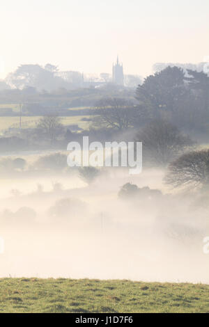 Nebbia nella valle Poldice in Cornovaglia Foto Stock