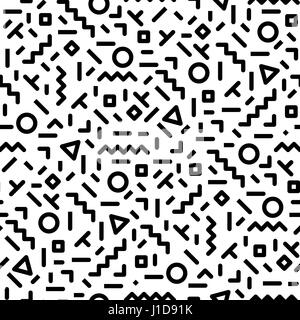 Alla moda stile di memphis seamless pattern ispirato da 80s, 90s Retrò design alla moda. Nero e tanga bianco sullo sfondo. Abstract doodle illustrazione da anni ottanta Illustrazione Vettoriale